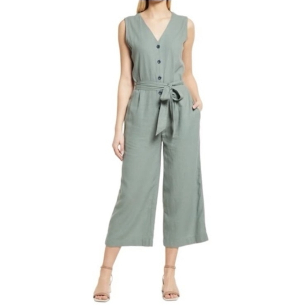 Calson linen blend pocketed belted button front jumpsuit Green Dune NEW D81